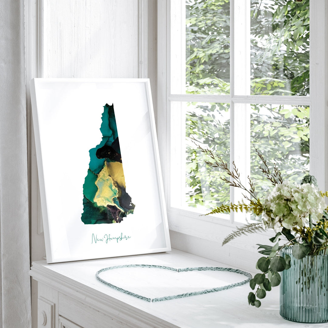 New Hampshire Map Emerald Green and Gold Wall Art Print | US State | USA | United States of America
