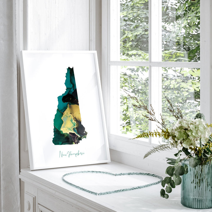 New Hampshire Map Emerald Green and Gold Wall Art Print | US State | USA | United States of America