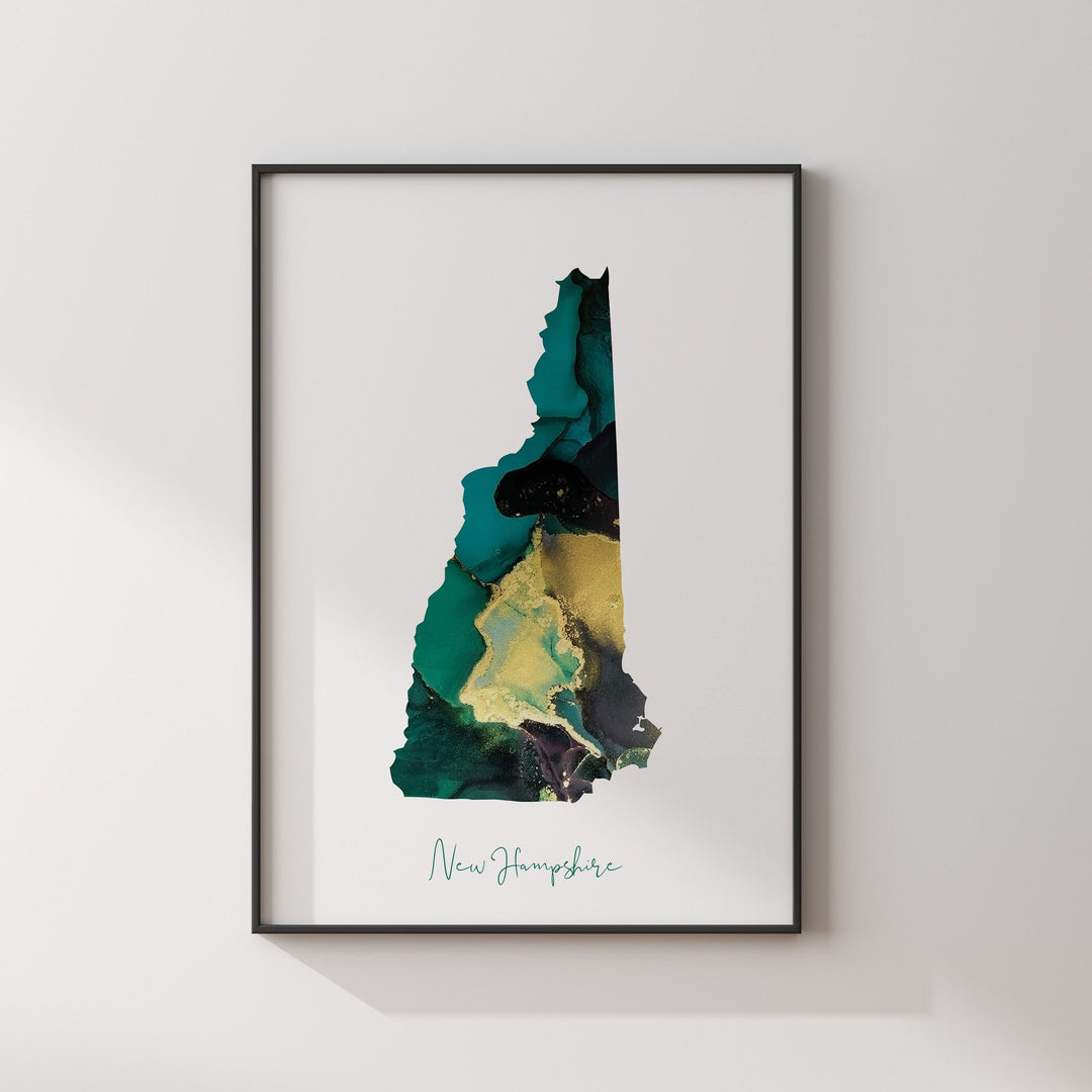 New Hampshire Map Emerald Green and Gold Wall Art Print | US State | USA | United States of America