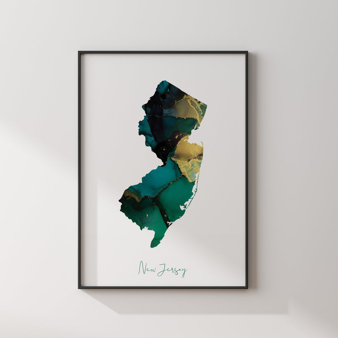 New Jersey Map Emerald Green and Gold Wall Art Print | US State | USA | United States of America