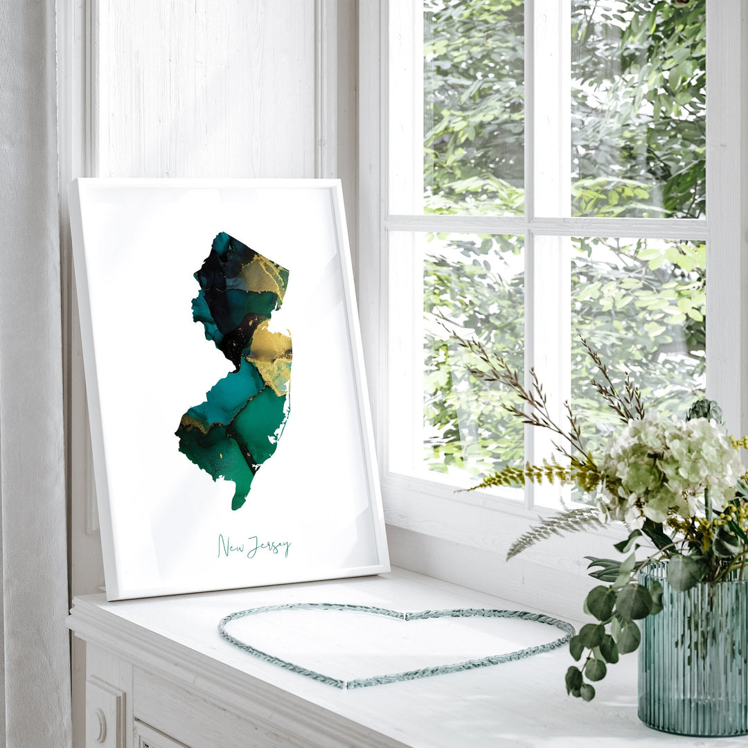 New Jersey Map Emerald Green and Gold Wall Art Print | US State | USA | United States of America