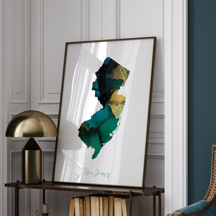 New Jersey Map Emerald Green and Gold Wall Art Print | US State | USA | United States of America