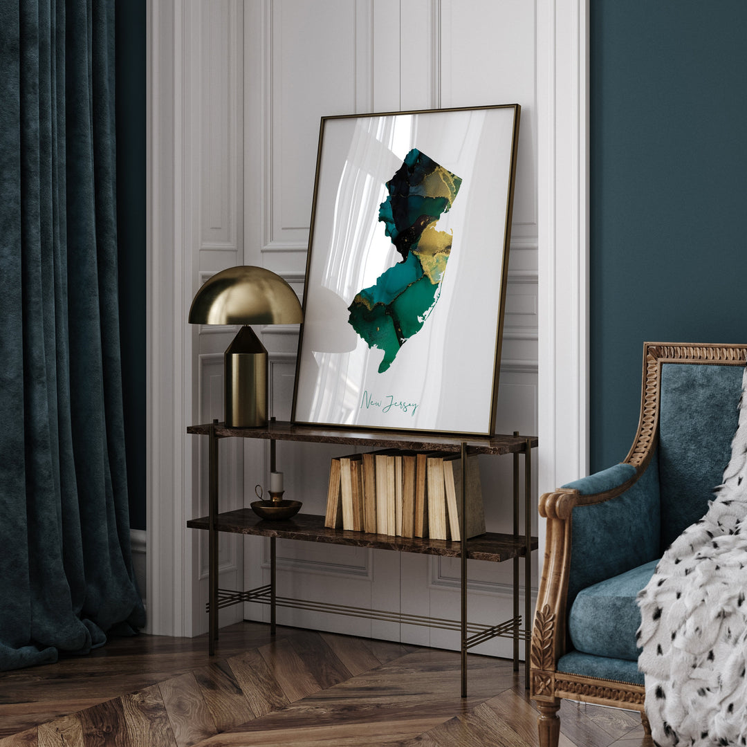 New Jersey Map Emerald Green and Gold Wall Art Print | US State | USA | United States of America