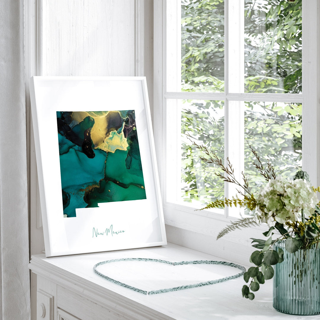 New Mexico Map Emerald Green and Gold Wall Art Print | US State | USA | United States of America