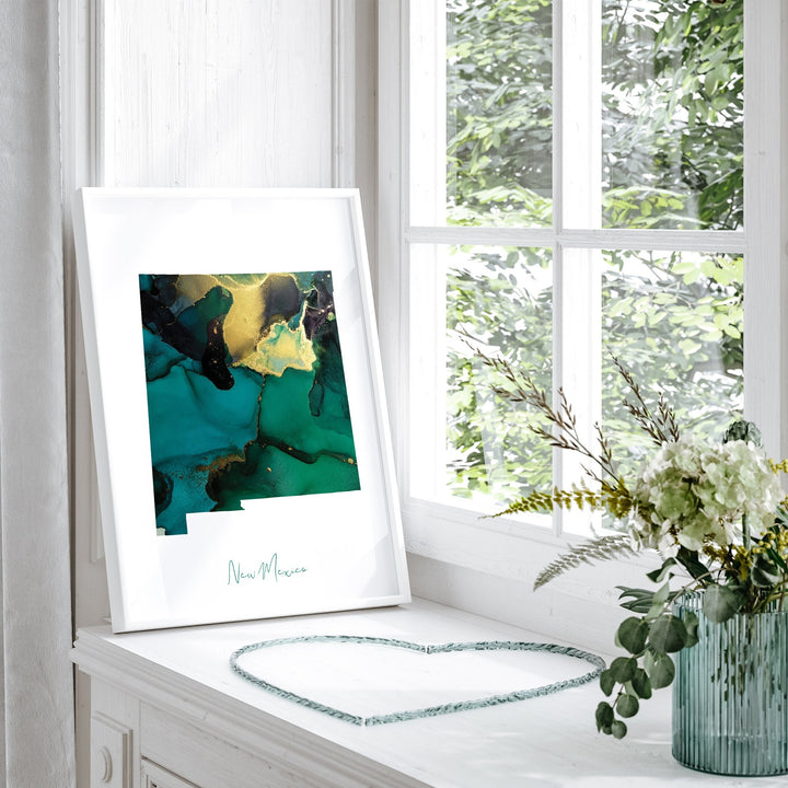 New Mexico Map Emerald Green and Gold Wall Art Print | US State | USA | United States of America