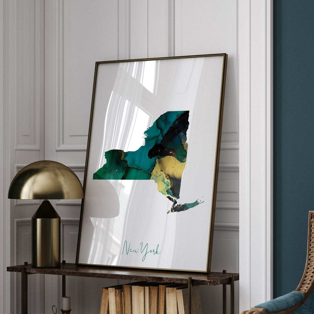 New York Map Emerald Green and Gold Wall Art Print | US State | USA | United States of America