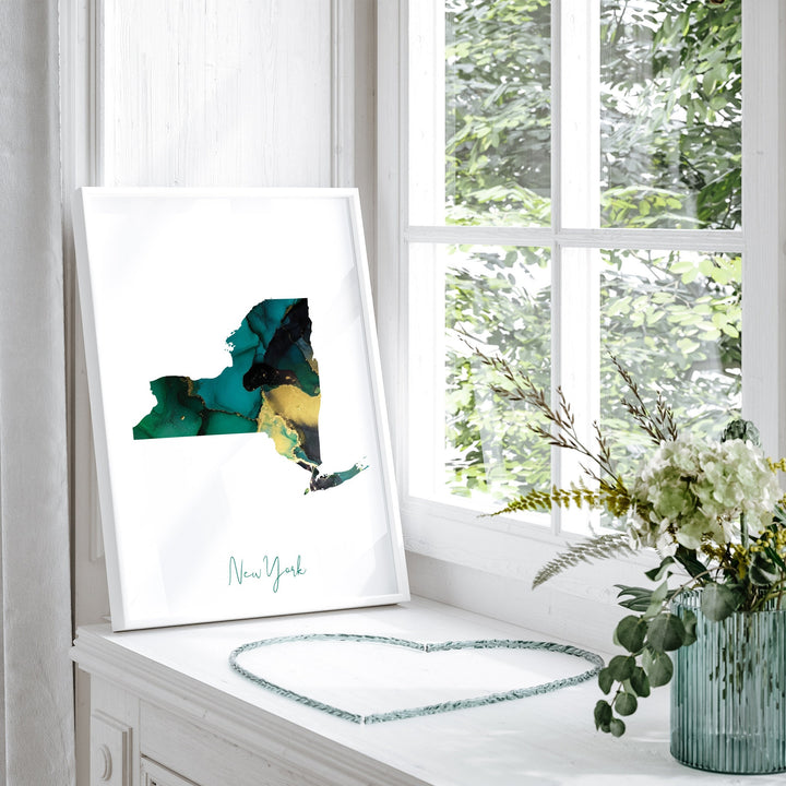 New York Map Emerald Green and Gold Wall Art Print | US State | USA | United States of America