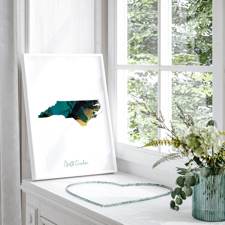 North Carolina Map Emerald Green and Gold Wall Art Print | US State | USA | United States of America