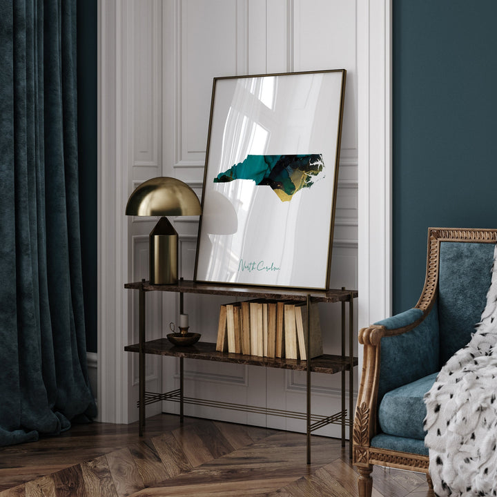 North Carolina Map Emerald Green and Gold Wall Art Print | US State | USA | United States of America