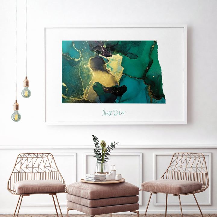 North Dakota Map Emerald Green and Gold Wall Art Print | US State | USA | United States of America
