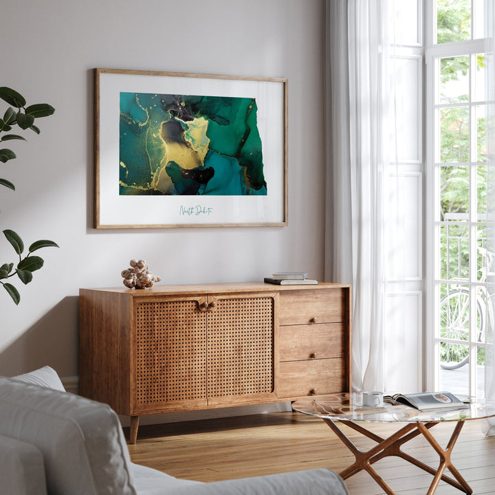 North Dakota Map Emerald Green and Gold Wall Art Print | US State | USA | United States of America