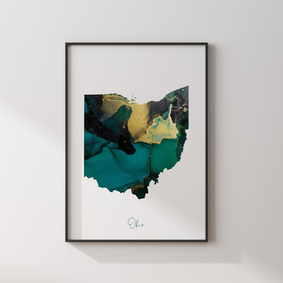 Ohio Map Emerald Green and Gold Wall Art Print | US State | USA | United States of America