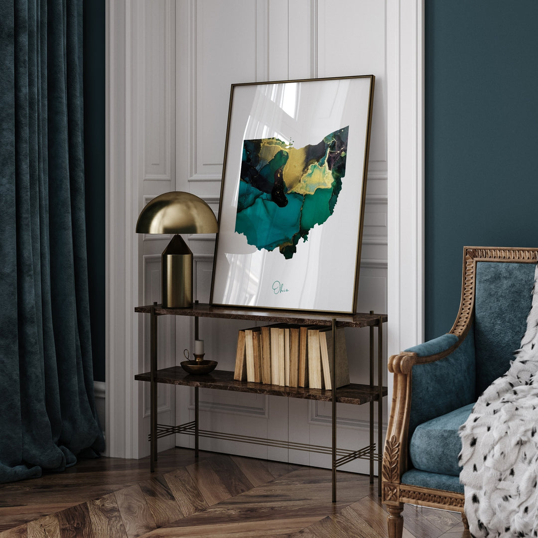Ohio Map Emerald Green and Gold Wall Art Print | US State | USA | United States of America