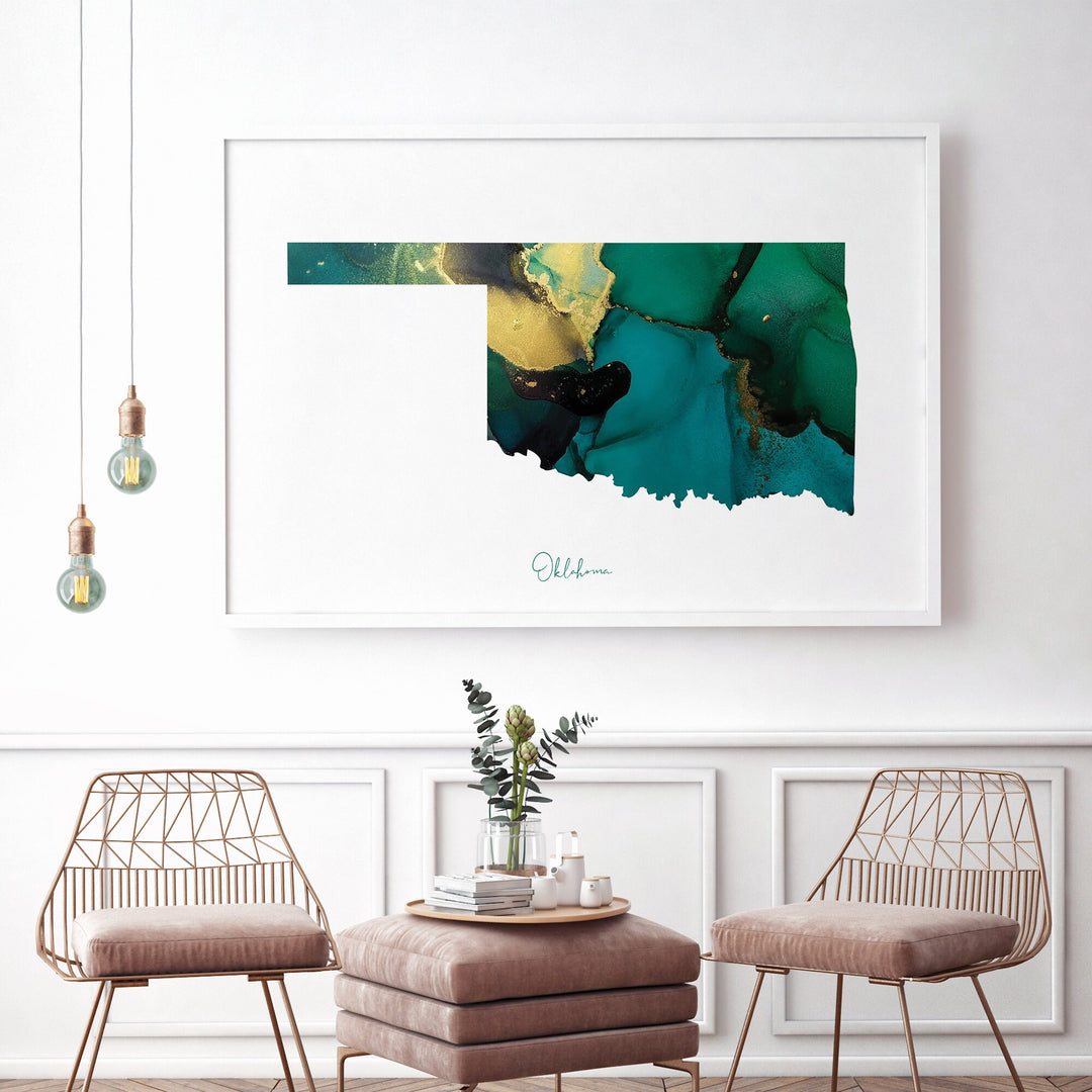 Oklahoma Map Emerald Green and Gold Wall Art Print | US State | USA | United States of America