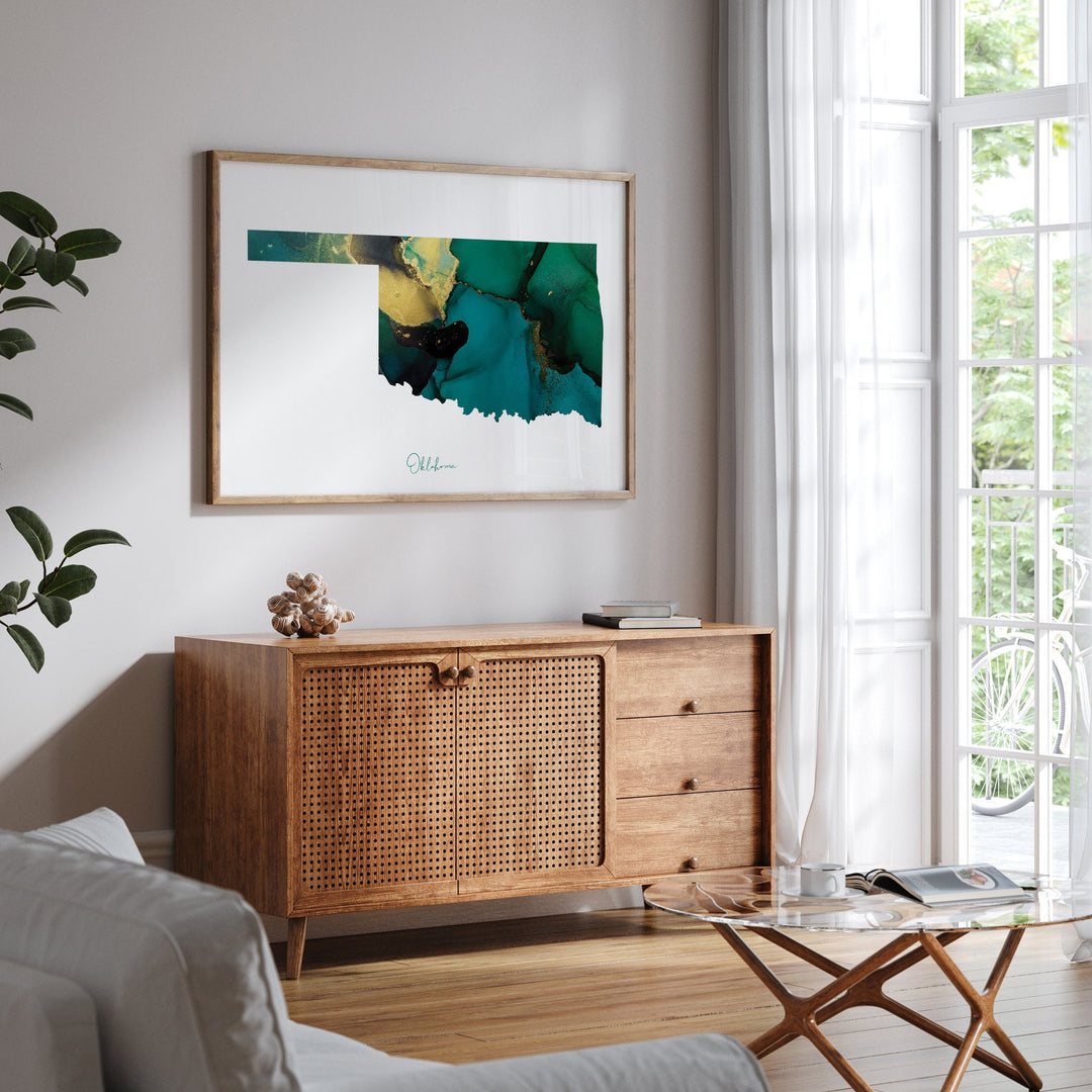 Oklahoma Map Emerald Green and Gold Wall Art Print | US State | USA | United States of America