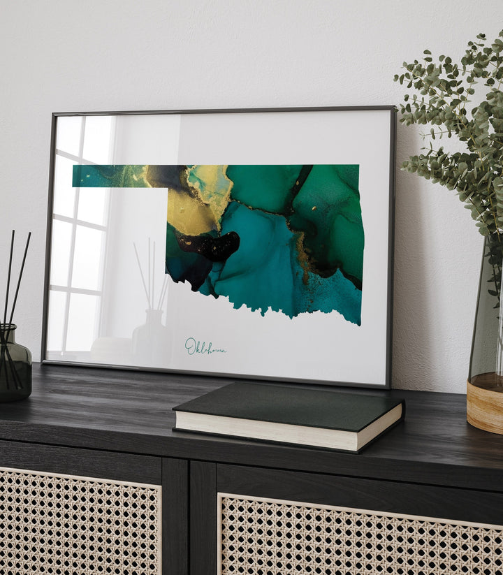 Oklahoma Map Emerald Green and Gold Wall Art Print | US State | USA | United States of America