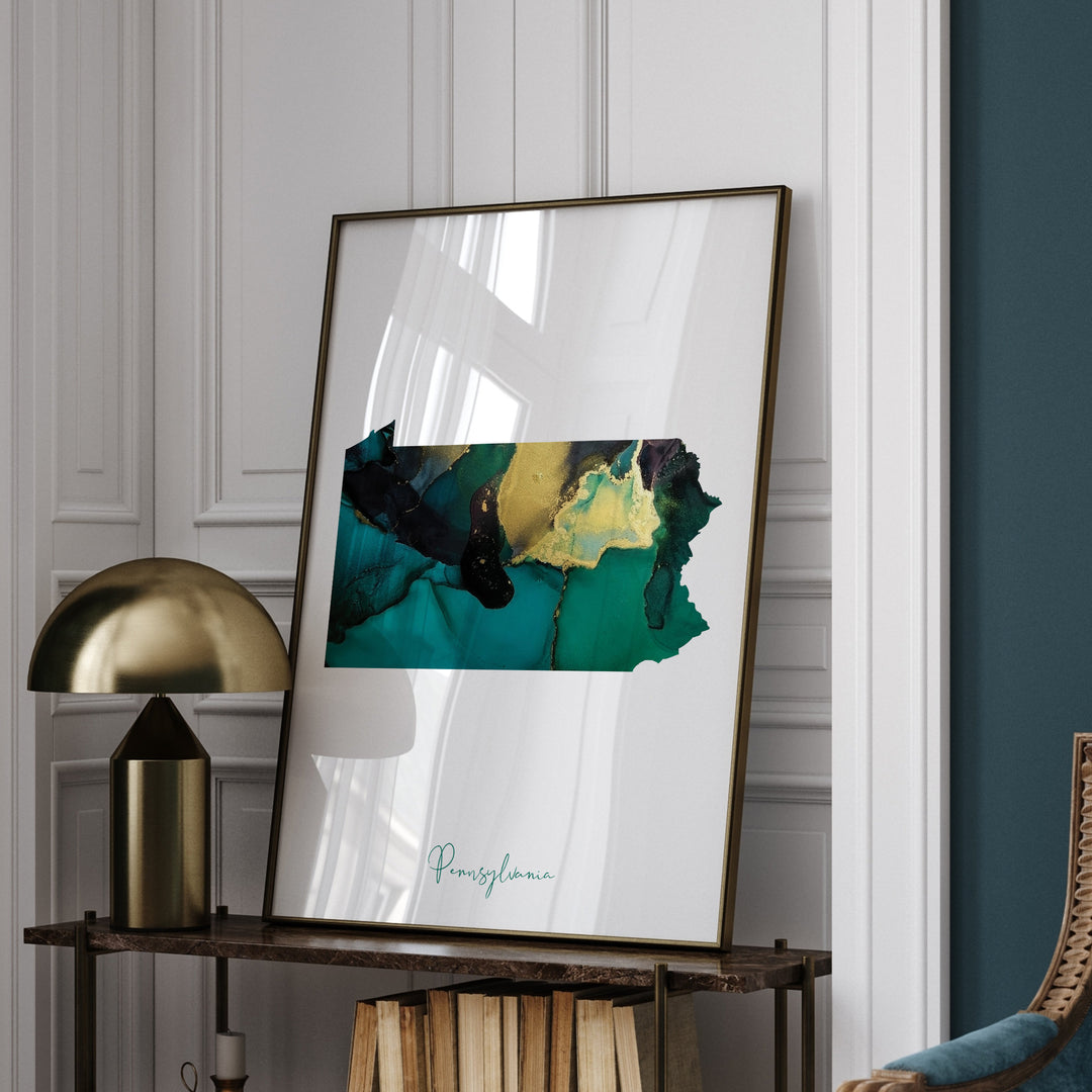 Pennsylvania Map Emerald Green and Gold Wall Art Print | US State | USA | United States of America