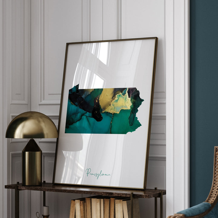 Pennsylvania Map Emerald Green and Gold Wall Art Print | US State | USA | United States of America