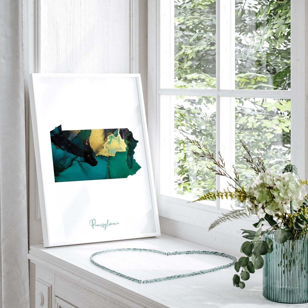 Pennsylvania Map Emerald Green and Gold Wall Art Print | US State | USA | United States of America