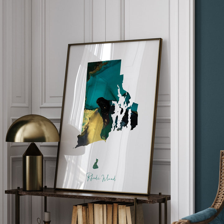 Rhode Island Map Emerald Green and Gold Wall Art Print | US State | USA | United States of America