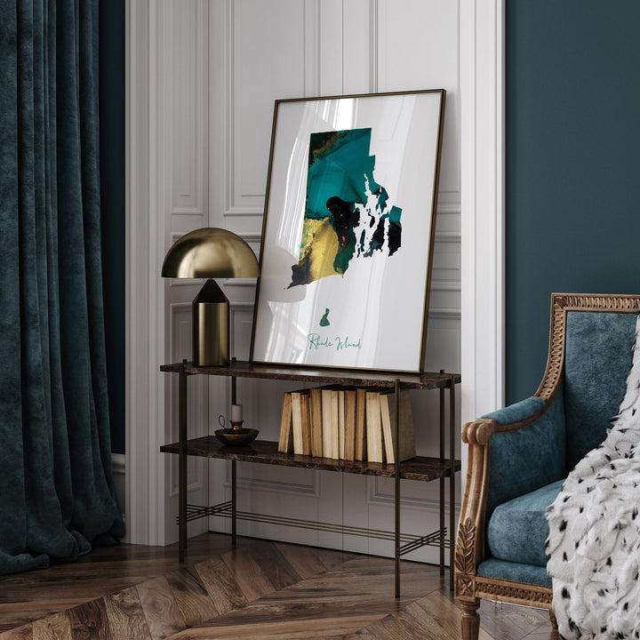 Rhode Island Map Emerald Green and Gold Wall Art Print | US State | USA | United States of America