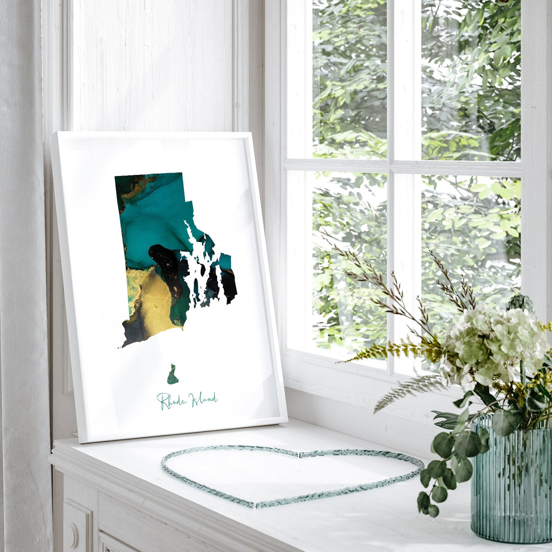 Rhode Island Map Emerald Green and Gold Wall Art Print | US State | USA | United States of America