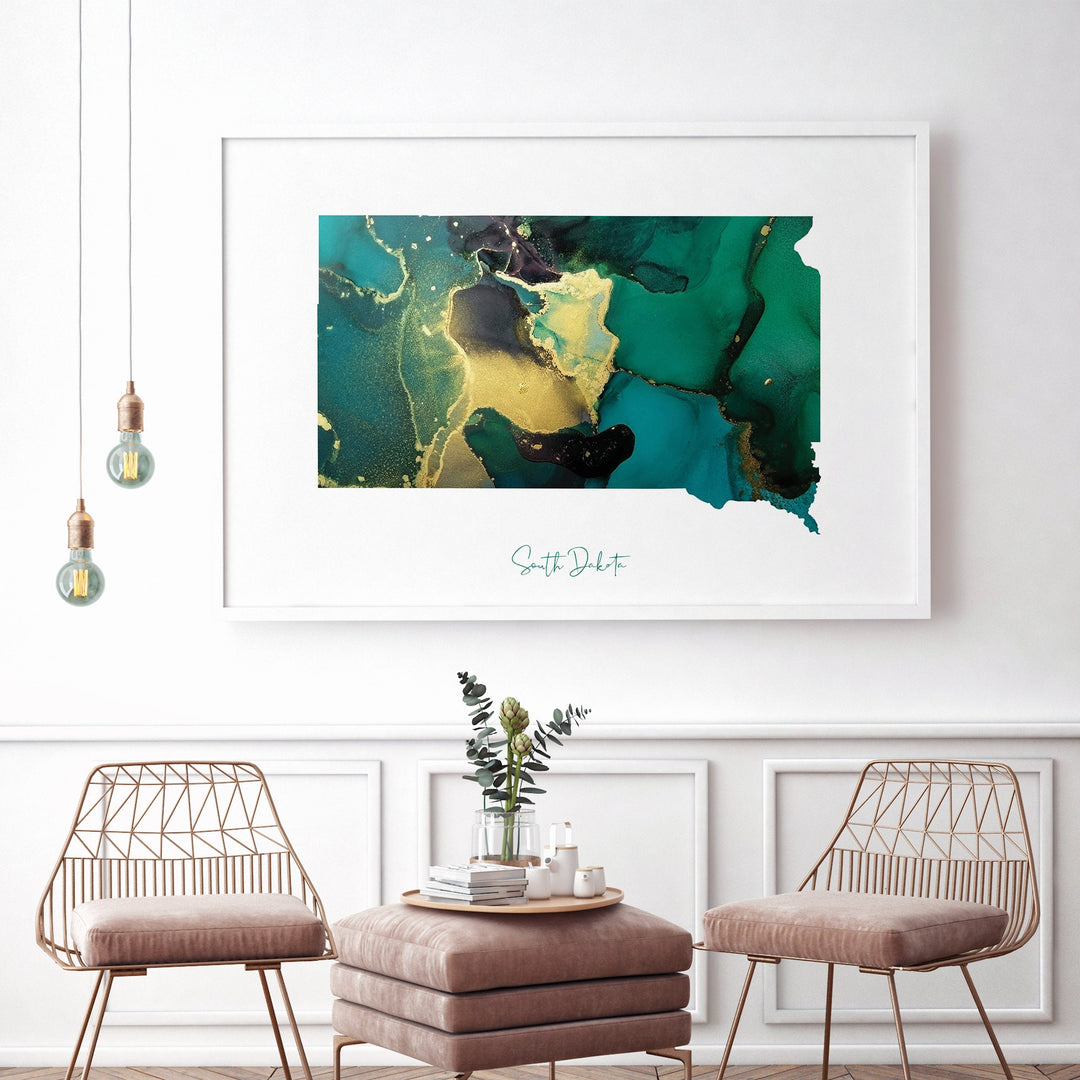 South Dakota Map Emerald Green and Gold Wall Art Print | US State | USA | United States of America
