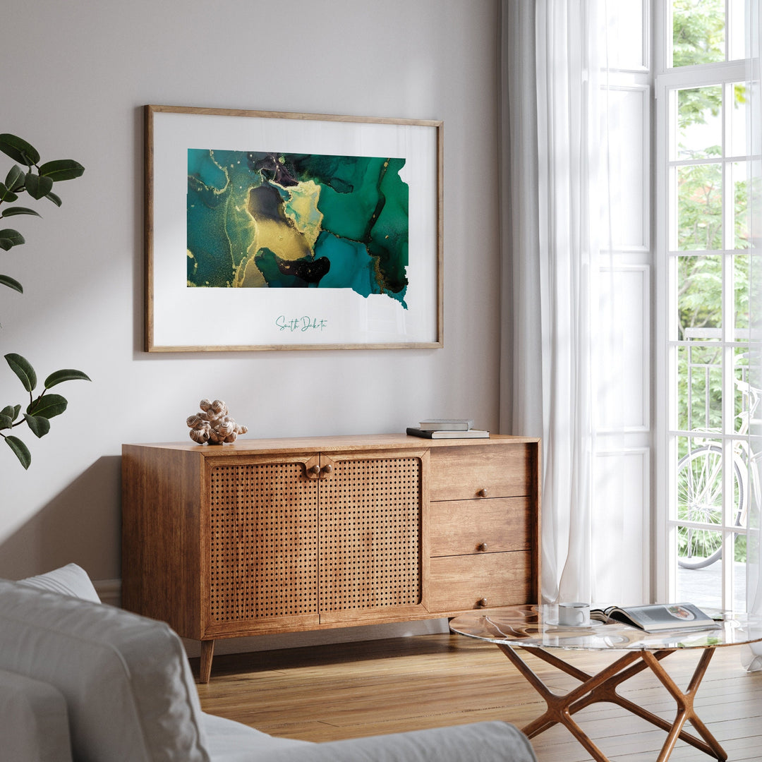 South Dakota Map Emerald Green and Gold Wall Art Print | US State | USA | United States of America