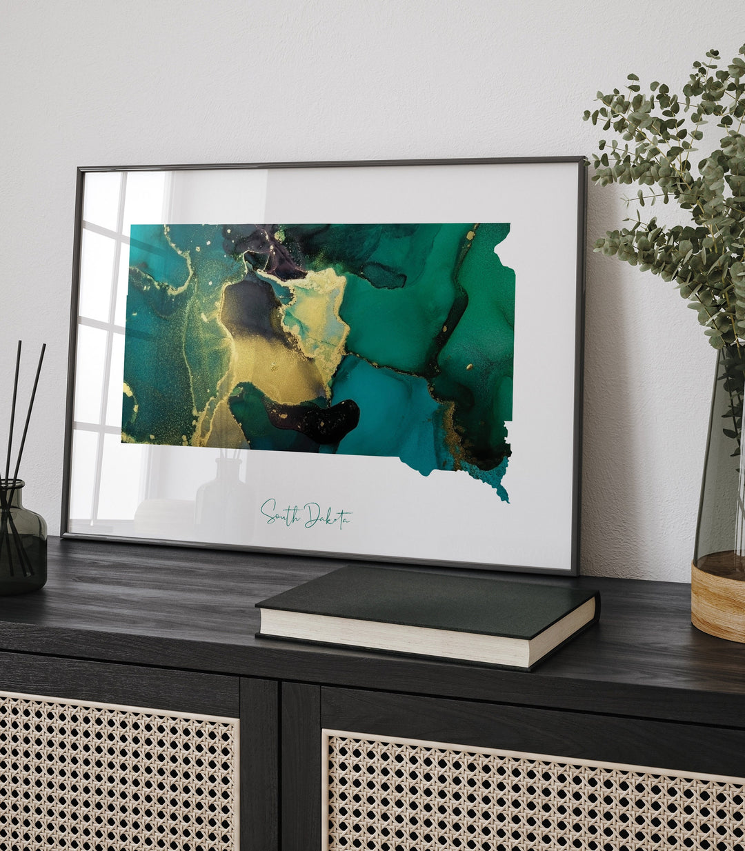 South Dakota Map Emerald Green and Gold Wall Art Print | US State | USA | United States of America