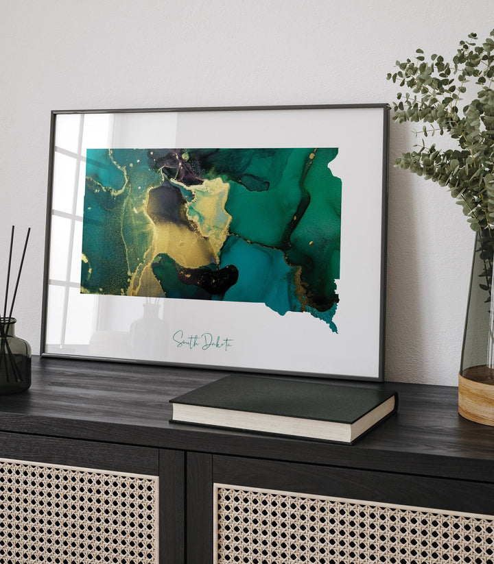 South Dakota Map Emerald Green and Gold Wall Art Print | US State | USA | United States of America