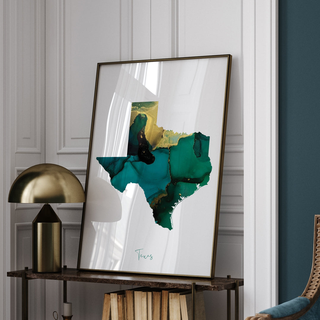 Texas Map Emerald Green and Gold Wall Art Print | US State | USA | United States of America