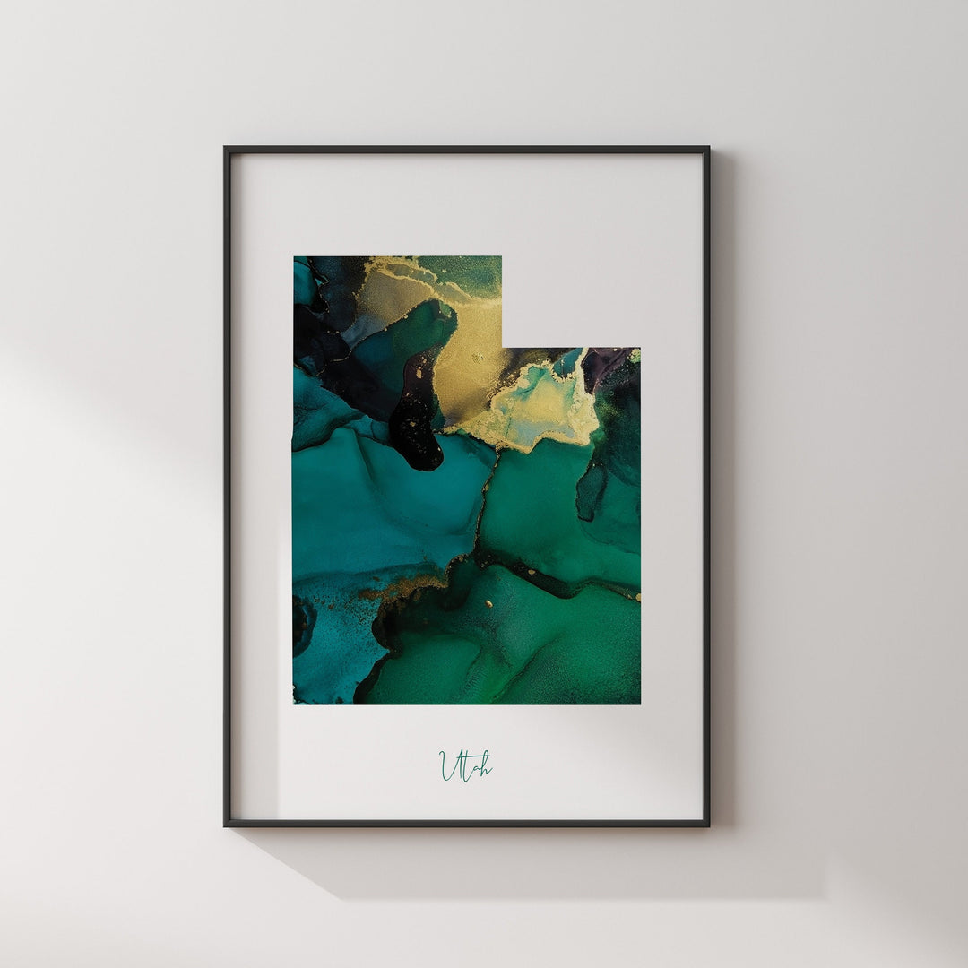 Utah Map Emerald Green and Gold Wall Art Print | US State | USA | United States of America