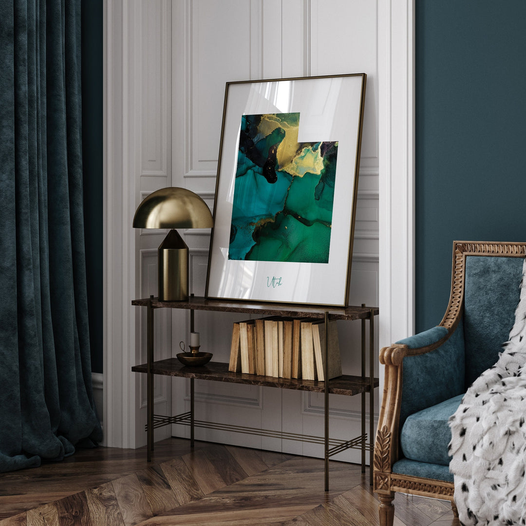 Utah Map Emerald Green and Gold Wall Art Print | US State | USA | United States of America