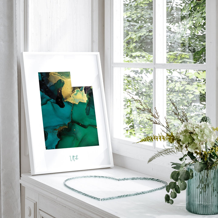 Utah Map Emerald Green and Gold Wall Art Print | US State | USA | United States of America