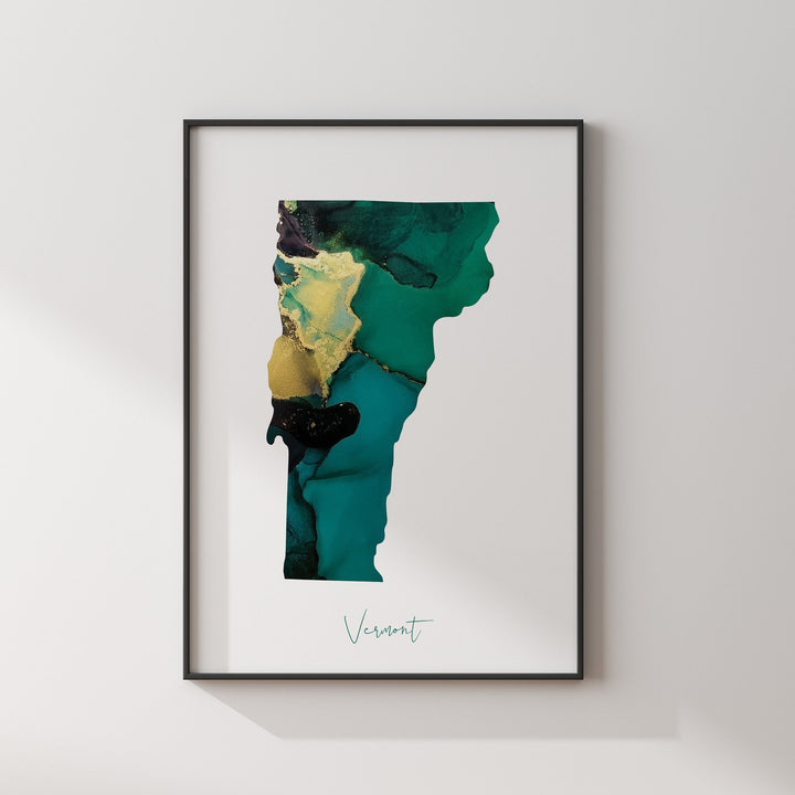 Vermont Map Emerald Green and Gold Wall Art Print | US State | USA | United States of America