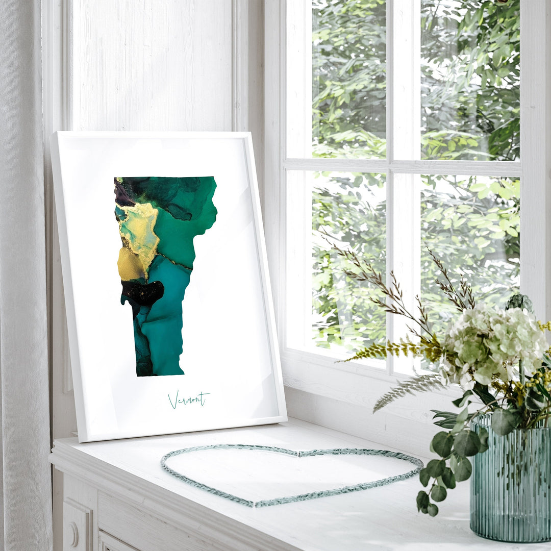 Vermont Map Emerald Green and Gold Wall Art Print | US State | USA | United States of America