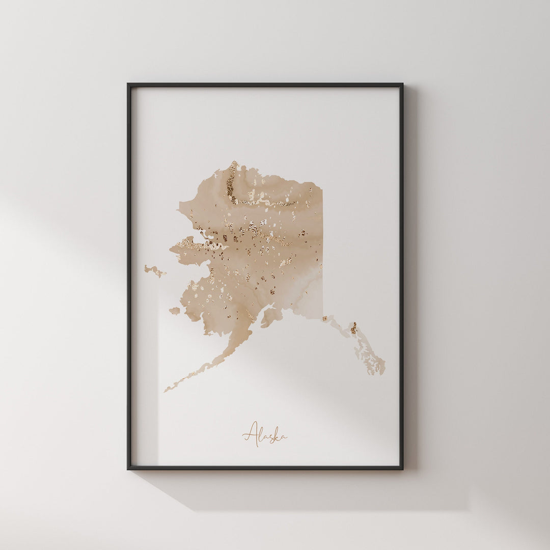 Alaska Map Beige & Gold Wall Art Print | US State | USA | United States of America