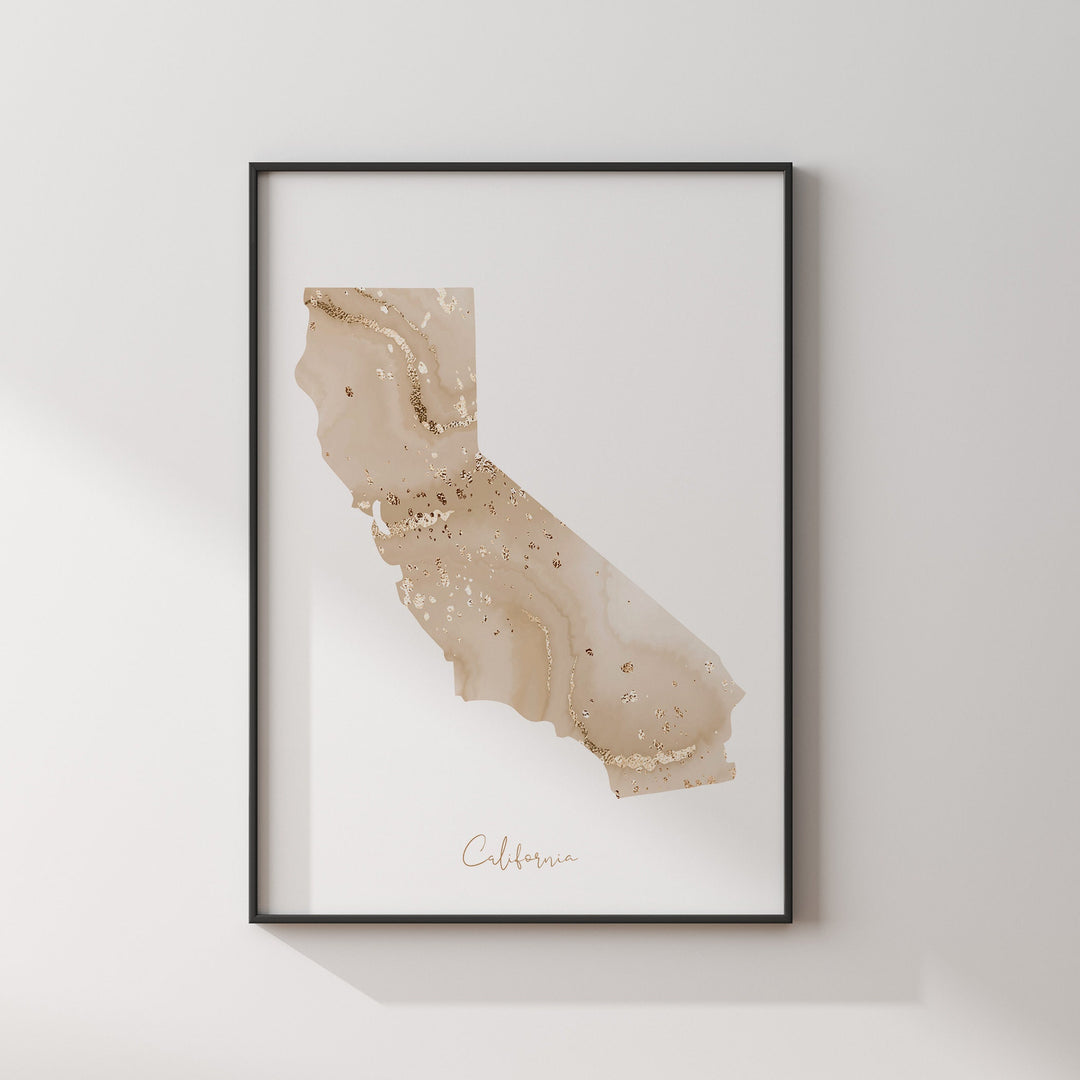 California Map Beige & Gold Wall Art Print | US State | USA | United States of America