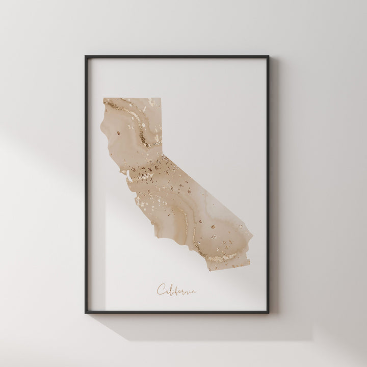 California Map Beige & Gold Wall Art Print | US State | USA | United States of America