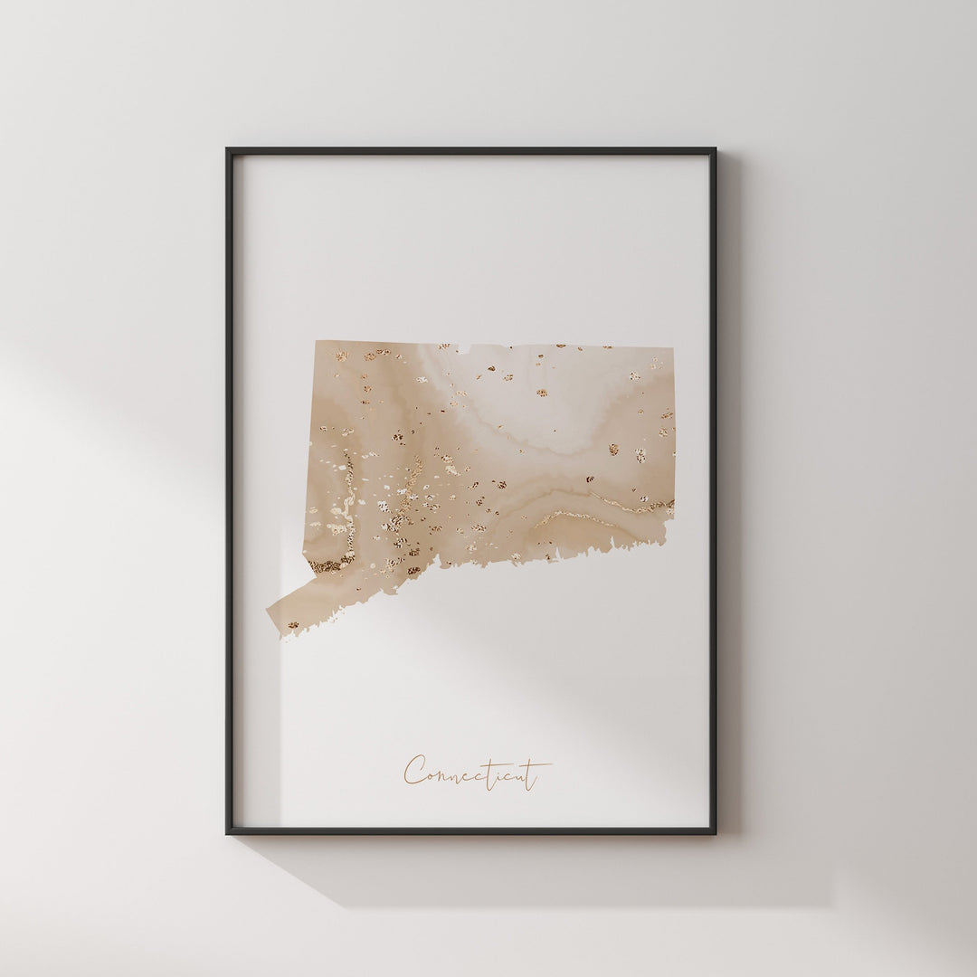 Connecticut Map Beige & Gold Wall Art Print | US State | USA | United States of America