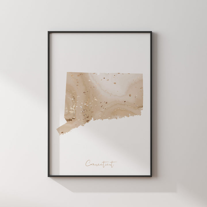 Connecticut Map Beige & Gold Wall Art Print | US State | USA | United States of America