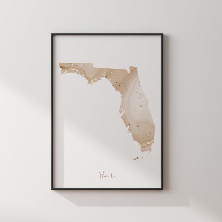 Florida Map Beige & Gold Wall Art Print | US State | USA | United States of America