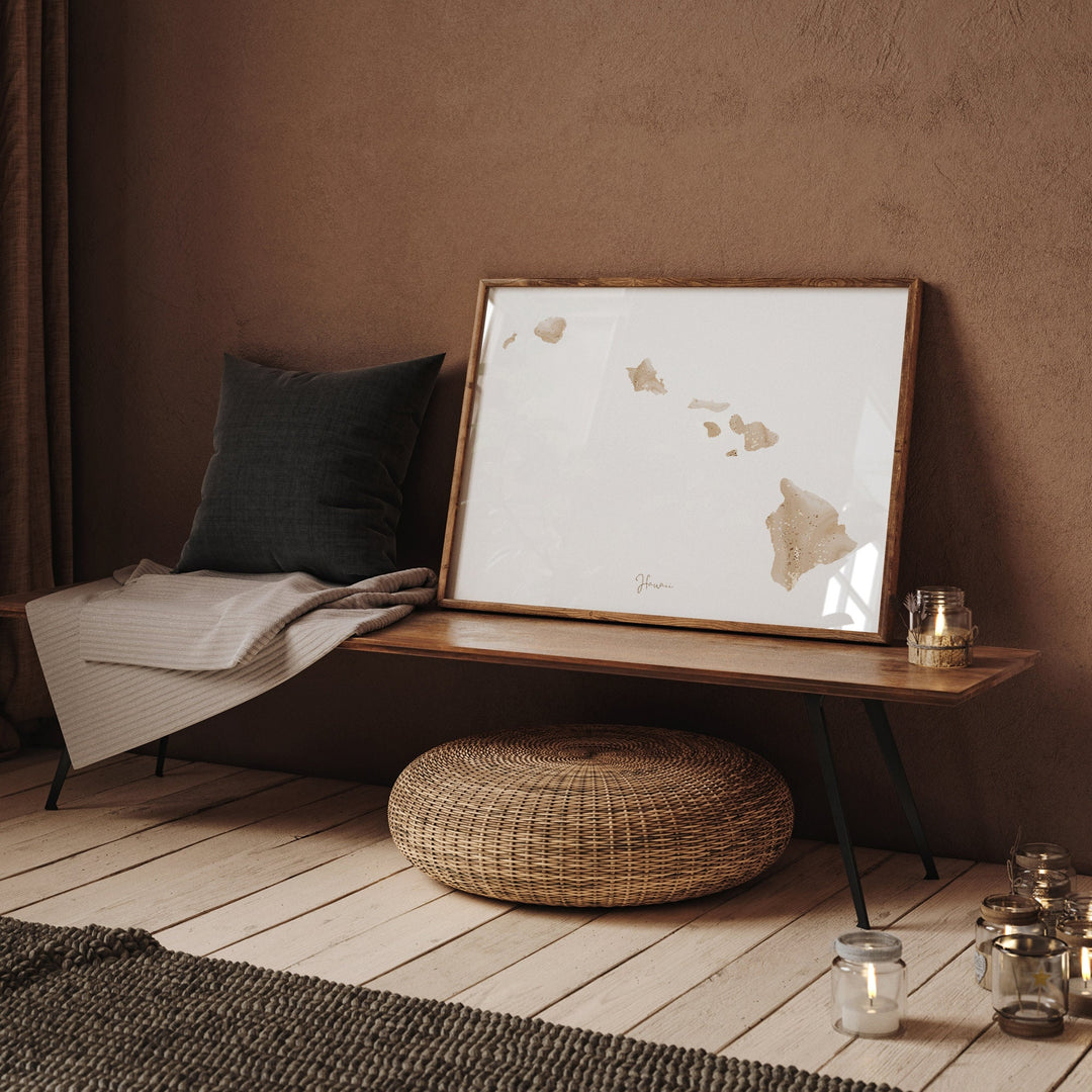 Hawaii Map Beige & Gold Wall Art Print | US State | USA | United States of America