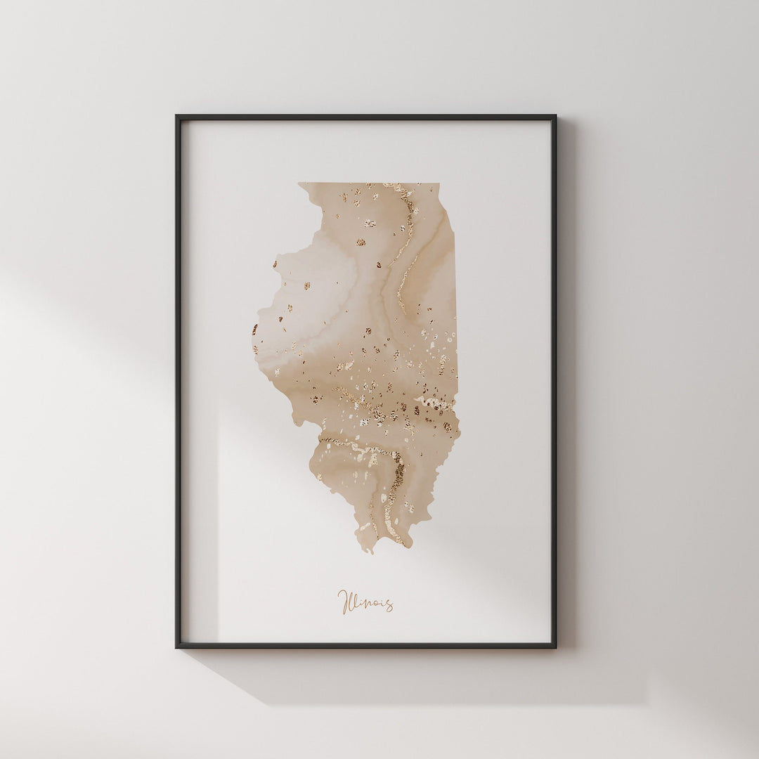 Illinois Map Beige & Gold Wall Art Print | US State | USA | United States of America