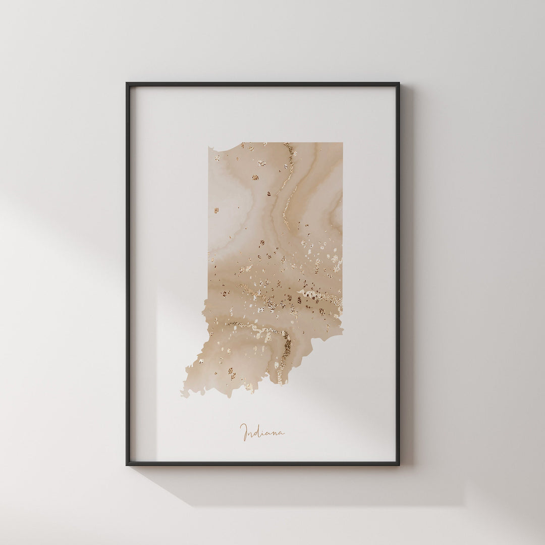 Indiana Map Beige & Gold Wall Art Print | US State | USA | United States of America