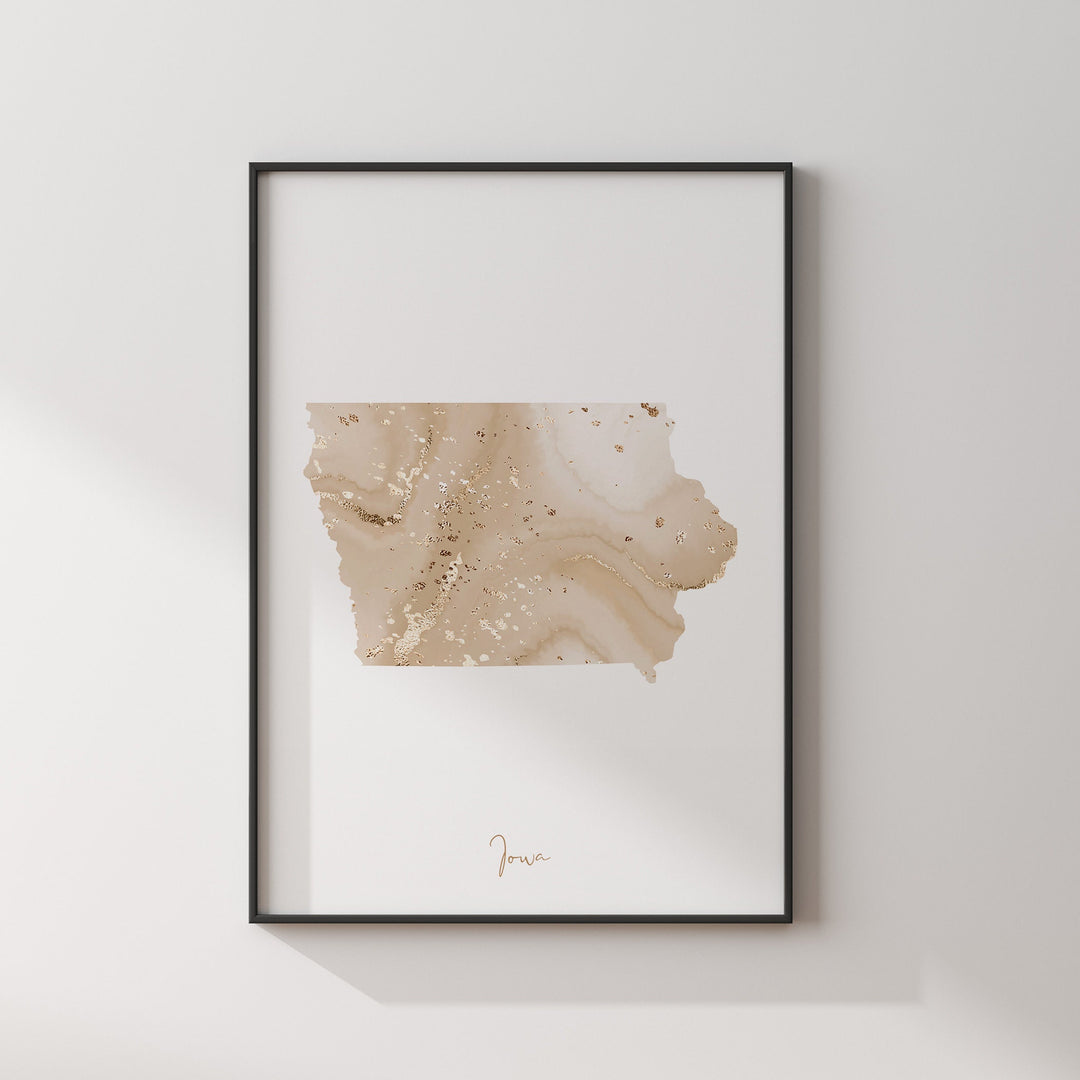 Iowa Map Beige & Gold Wall Art Print | US State | USA | United States of America