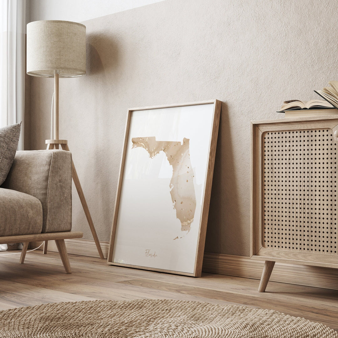 Florida Map Beige & Gold Wall Art Print | US State | USA | United States of America