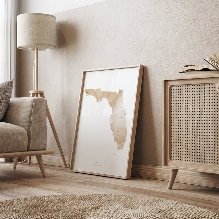 Florida Map Beige & Gold Wall Art Print | US State | USA | United States of America