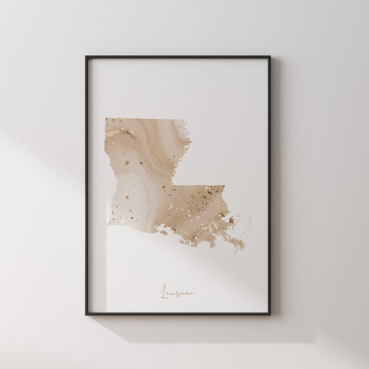 Louisiana Map Beige & Gold Wall Art Print | US State | USA | United States of America