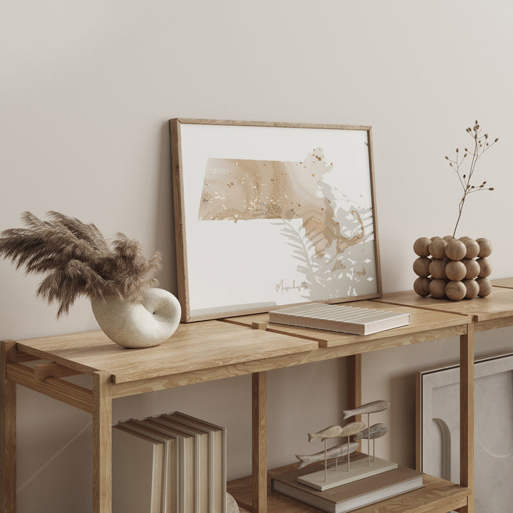 Massachusetts Map Beige & Gold Wall Art Print | US State | USA | United States of America